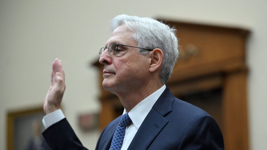 US Attorney General Merrick Garland is sworn in before testifying at a hearing of the House Committee on the Judiciary oversight of the US Department of Justice, on Capitol Hill in Washington, DC, September 20, 2023.