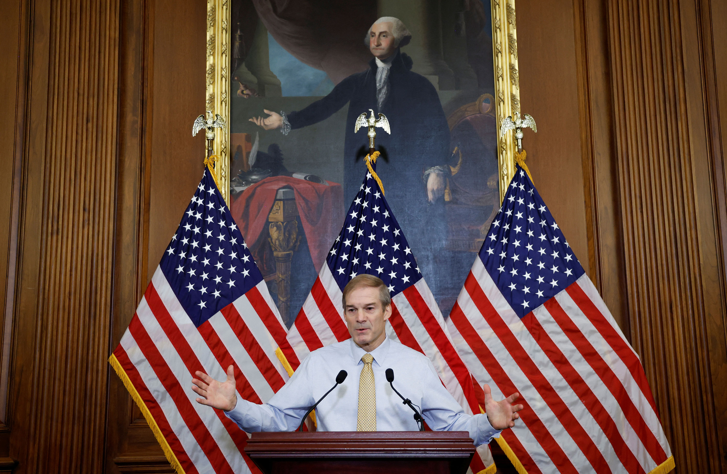 Rep. Jim Jordan speaks to the press at the Capitol in Washington on Friday.