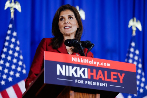 Republican Presidential hopeful and former UN Ambassador Nikki Haley speaks at her election night watch party in Charleston, South Carolina, on February 24, 2024. (JULIA NIKHINSON/AFP via Getty Images)