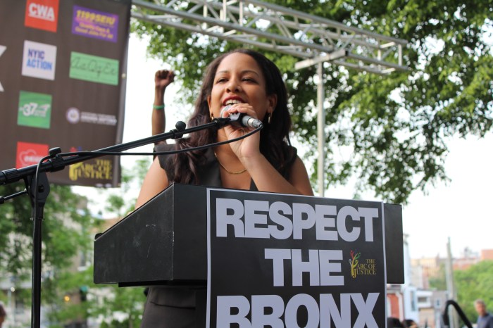 Bronx Assembly Member Amanda Septimo speaks at the "Trump isn't welcome here" counter rally in the Bronx's Crotona Park at the same time as former President Donald Trump's campaign rally on Thursday, May 23, 2024.