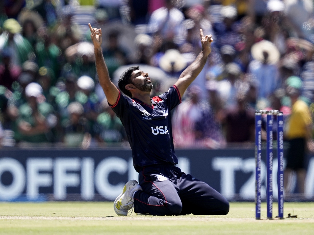 United States' Saurabh Nethralvakar celebrates after the team's win in the ICC Men's T20 World Cup cricket match against Pakistan at the Grand Prairie Stadium in Grand Prairie, Texas, on Thursday.