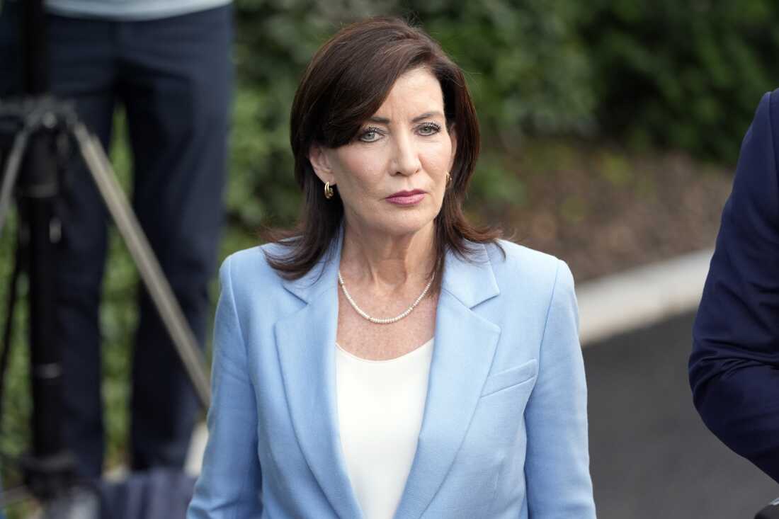 New York Gov. Kathy Hochul listens as governors speak to reporters after meeting with President Joe Biden, Wednesday, July 3, 2024, at the White House in Washington. (AP Photo/Jacquelyn Martin)