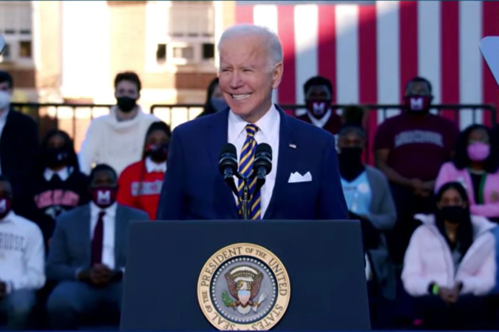 Kamala Harris and Joe Biden speaking about voting rights in Atlanta on Jan. 11, 2022