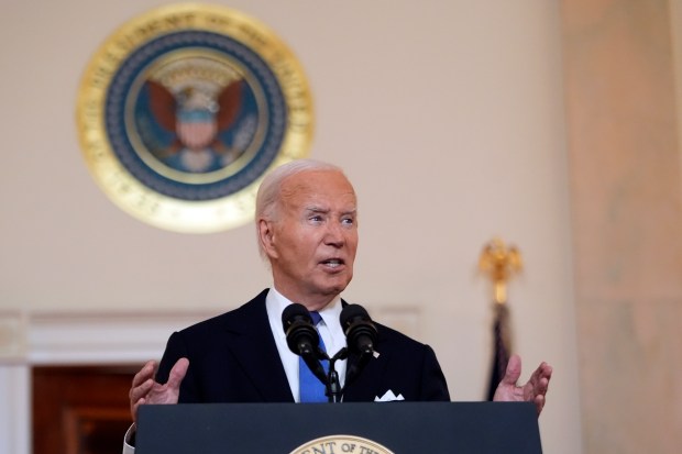 President Joe Biden speaks in the Cross Hall of the White House Monday, July 1, 2024, in Washington. (AP Photo/Jacquelyn Martin)