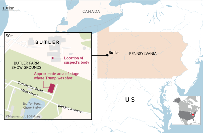 Map shows the location of an incident in Butler, Pennsylvania in the US where Donald Trump was shot. The main map shows location of Butler in the state of Pennsylvania. The inset shows the Butler Farm Show Grounds, indicating the approximate area of stage where Trump was shot and the Location of suspect’s body