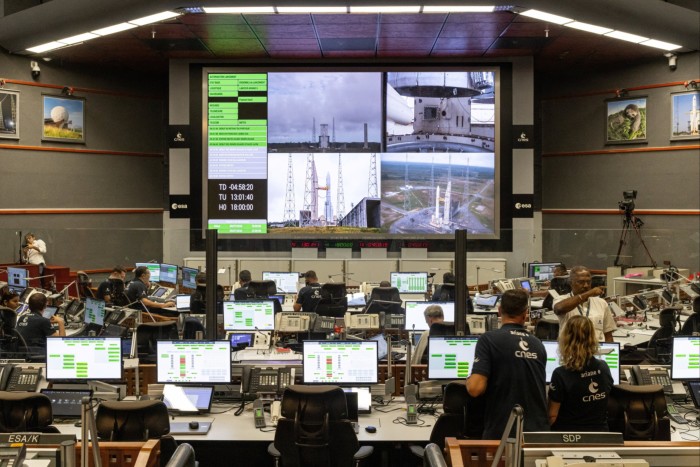 Engineers and managers monitor the Ariane 6 launcher at the Guiana Space Centre in Kourou