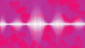 grapic depiction of white soundwaves on pinkish background